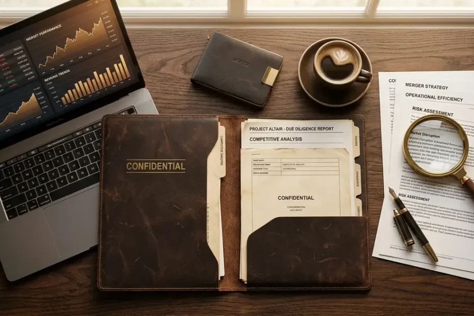 Research dossier for target company spread open on a desk with financial charts and corporate documents
